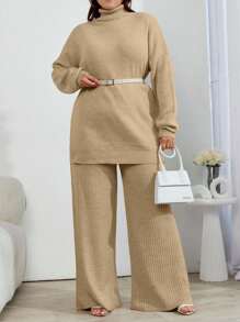 EURMUSE 2pcs High Neck Drop Shoulder Sweater And Ribbed Solid Color Sweater Pants - Camel - View 6