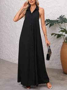 SHEIN Summer Sexy Solid Front Button Backless Dress - Black - View 5