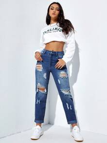 SHEIN ICON Quần Jeans Denim Ngắn Lưng Cao Có Túi Rách Thường Ngày Cho Nữ - Rửa trung bình - Xem 3