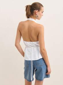 Nöista 夏季中国风领口亚麻条纹无袖蝴蝶结细节，饰有亚麻条纹和蝴蝶结细节！ - 白色 - 查看 2