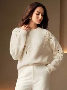 Anewsta Áo len thêu hoa sequin, Thích hợp cho mùa thu, đông, năm mới, Thanh lịch, Sang trọng, Phong cách, Giáng sinh, Đi chơi, Quần áo mùa đông cho nữ, Ấm áp - Màu be - Xem 4