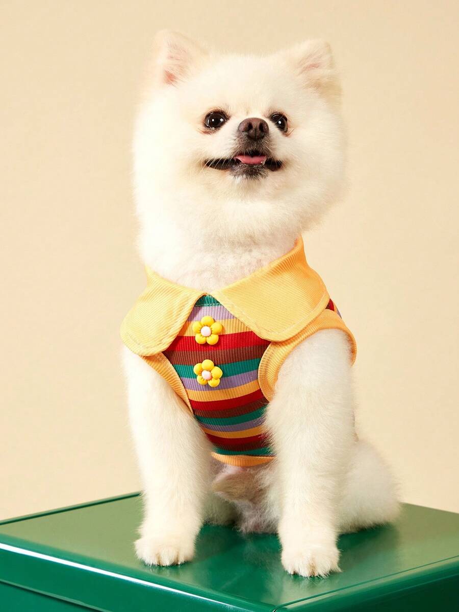 PETSIN 1 件复古彩虹条纹宠物 Polo 衫,弹性针织柔软面料,带花朵装饰,可爱甜美,适合狗狗 - 彩色 - 查看 1