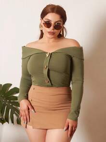 Lupita Cardoza Solid Button Detail Split Hem Skort - Camel - View 6