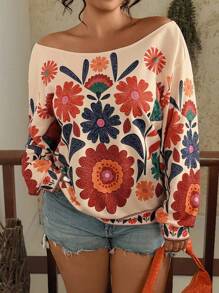 Travachic 大码女式休闲热带花卉印花露肩宽松长袖运动衫，适合夏季、秋季和冬季