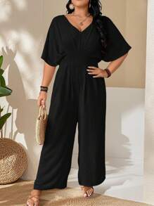 SHEIN PETITE Backless Design Short Sleeve Romper, Casual Commute, Business Casual, Elegant, Plus Size & Petite Women, Summer New' - Black - View 4