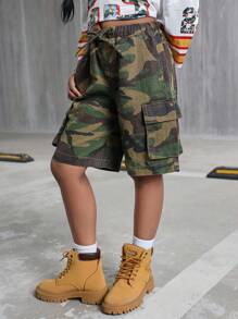 Pantaloni scurți lungi din denim, stil Y2k, grunge punk, camo, cu imprimeu de ramură de copac, talie elastică, îmbrăcăminte de lucru, potrivită pentru călătorii zilnice, activități în aer liber, acasă, brunch, petrecere cu ceai, naveta, ținute la aeroport, ținute de toamnă pentru fete, haine pentru copii care se întorc la școală, ținute streetwear coolane - Verde Armată - Vizualizare 5