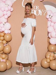 Loomaby Elegant Maternity Off-Shoulder Solid Color Mermaid Hem Dress, Summer,Gender Reveal Dress,Maternity Dress,Baby Shower Dress - White - View 5
