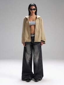 LYSMO Áo khoác gió trơn dài tay có khóa kéo phía trước dành cho nữ, chất liệu vải không co giãn, quần áo thu đông cho nữ - Màu Khaki - Xem 3