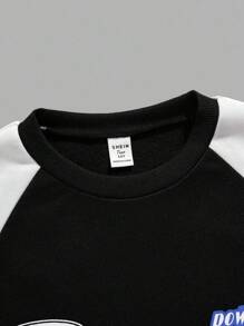 SHEIN 青少年女孩休闲街头风格字母印花运动衫，舒适的学院风柔软面料，适合日常穿着、上学、旅行、户外运动 - 黑與白 - 查看 6