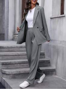Lumivelle Women's Minimalist Office Lady Solid Color Lapel Double Breasted Blazer And Pants Suit Blazer Set For Women Two Piece Outfits Woman Suit Fall Cloth For Women