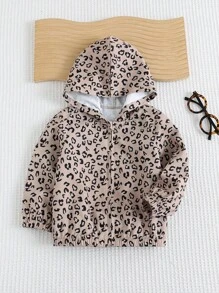 Cozy Pixies 女婴豹纹连帽长袖休闲夹克，百搭 - 卡其色 - 查看 3