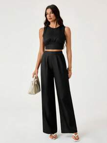 SHEIN Tall Bộ đồ ngủ ngắn xếp ly màu trơn và quần short 2 món trang phục thường ngày cho nữ - màu đen - Xem 3
