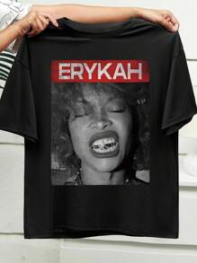 EMERY ROSE Plus Size Casual Woman Figure Print Round Neck Short Sleeve T-Shirt - Black - View 1
