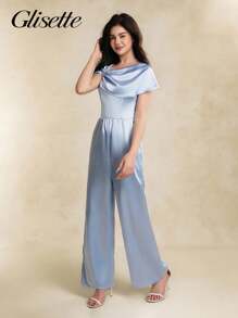 青少年女孩女士休闲多巴胺宽松露肩连体裤，度假风格，夏季 - 藍色 - 查看 5