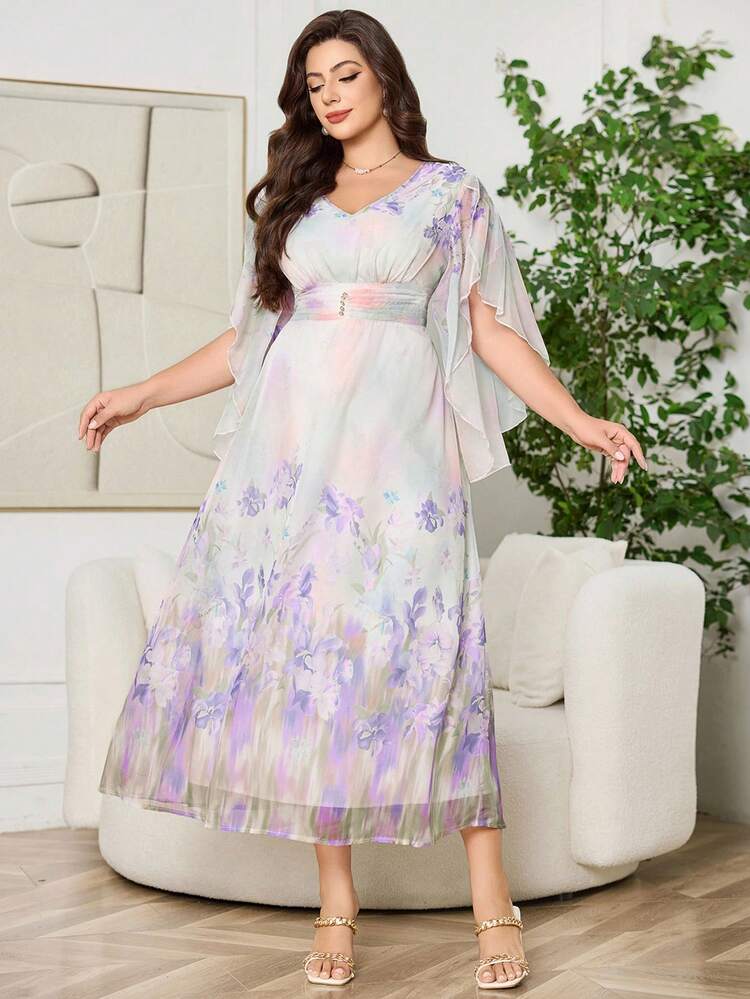 SHEIN Clasi 1 件大码女式夏季优雅花卉印花 V 领花瓣袖褶饰腰部超长连衣裙，度假风格，大码女式长礼服 - 彩色 - 查看 5