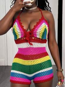 Slaydiva New Summer Leisure Vacation Daily Date Beach Wear Music Festival Suspender Rainbow Striped Crochet Jumpsuit V-Neck Women's Sweater Jumpsuit-A Crochet Swimsuit Rainbow Swimsuit - Multicolor - View 2