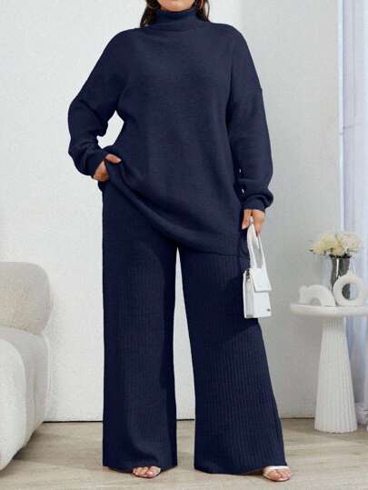 EURMUSE 2pcs High Neck Drop Shoulder Sweater And Ribbed Solid Color Sweater Pants