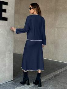 SHEIN Cottnline Women Solid Color Rib Knit Handmade Stitch Detailed Sweater & Sweater Skirt Set,Petite,Winter Clothes - Navy Blue - View 3