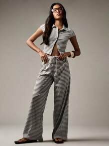 MISSGUIDED Ribbed Striped Button Through Wide Leg Palazzo Pants Set Summer Casual Beach Resort Wear Cropped Top Two Piece Holiday Outfit Cozy Loungewear - Multicolor - View 1