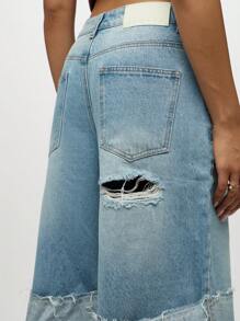 SUMWON WOMEN 阔腿长款牛仔短裤高腰卷边磨边宽松百慕大牛仔短裤夏季海滩节度假宽松街头服饰 - 藍色 - 查看 5