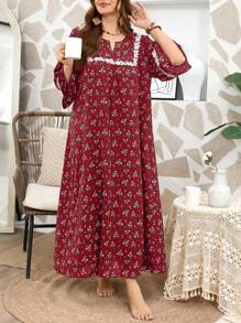 Serenescape Plus Size Women Casual Floral Embroidered Decor Round Neck Plus Size Nightgown, Moo Moo, For Fall & Winter, Cozy Outfits - Burgundy - View 5