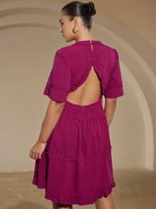 Aveloria Rosie فستان نسائي كبير الحجم بياقة على شكل حرف V باللون الأحمر الوردي مع كشكشة في الأطراف بتصميم خط A، فستان قصير الأكمام، مناسب لفصلي الربيع والصيف