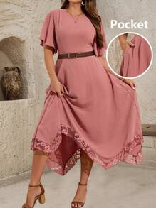 EMERY ROSE Vestido de manga corta con escote de encaje para mujer de talla grande, unicolor elegante