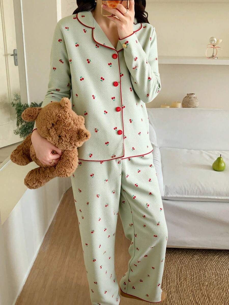 2pcs Teen Girls Apricot Color Minimalist Cherry Print Long Sleeve Top And Pants Set, Casual & Comfortable Home Wear Cute Pajama Set Cherry Pajama Set Fall Winter - Green - View 1