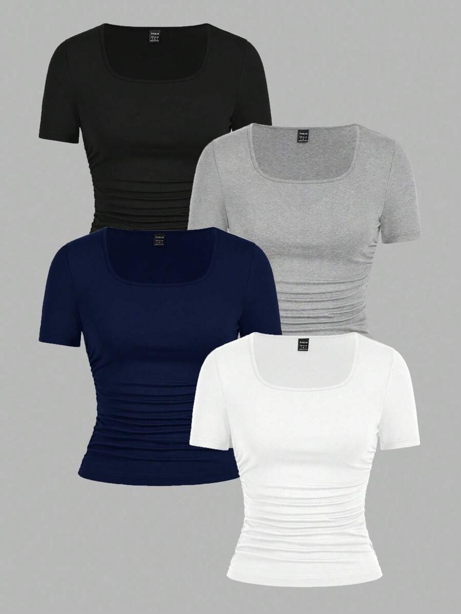 SHEIN EZwear 4 Pieces Casual Minimalist Plain Color Crew Neck Short Sleeve T-Shirts For Women, Black, Navy, Heather Gray, White, Suitable For Spring And Summer Plain T-Shirts Women Suitable For Going Out