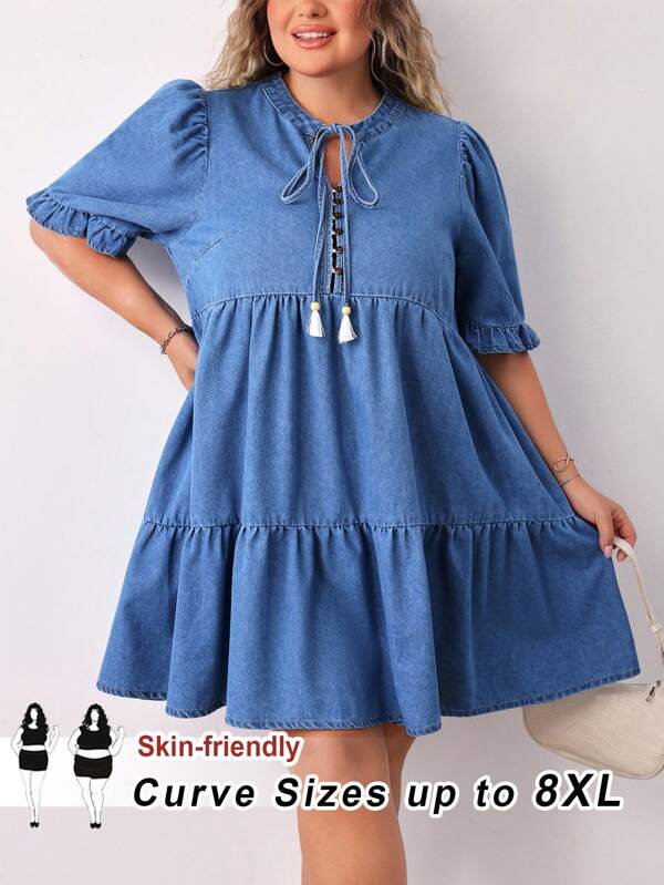 SHEIN CURVE+ Rochie de damă Plus Size cu guler cravat și mâneci scurte și bufante, drăguță, din denim, pentru păpușă