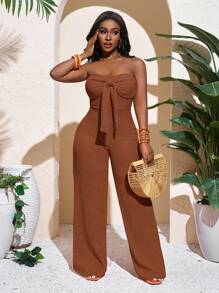 Slaydiva Novo Macacão Feminino de Tricô Laranja, Elegante e Sexy, com Top Tomara que Caia, Laço e Calça Reta de Perna Larga para Primavera e Verão - Castanho - Visão 5