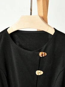 SHEIN LUNE 女士无袖上衣，不对称纽扣装饰，下摆开衩，针织面料，休闲/通勤街头风 - 黑色 - 查看 3