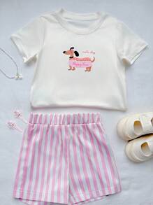 SHEIN 2 件婴幼儿女童春夏休闲日常可爱腊肠狗印花圆领 T 恤 + 粉色条纹短裤套装，适合 0-3 岁 - 粉色 - 查看 6