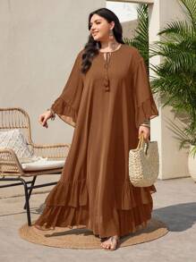 Mulvari Rochie de seară cu volane, culoare solidă, mărime plus