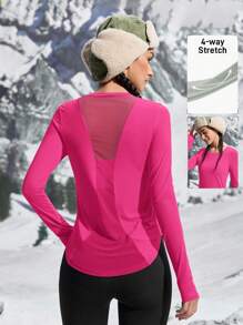 SHEIN Sports Solid Color Mesh Splicing Sports Yoga Slim Running Outdoor T-Shirt - Hot Pink - View 1