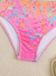 SHEIN 女童 2 件式泳衣，粉色夏季可愛海灘泳池度假花卉水彩印花不對稱比基尼套裝，Tween 青少年女孩泳衣 8-12 歲，Y2K - 粉色 - 查看 4