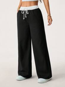 SHEIN PETITE Women Casual Versatile Contrast Color Drawstring Waist Pants