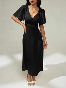 SHEIN PETITE Váy tay bồng màu trơn đơn giản cho kỳ nghỉ của phụ nữ, mùa xuân/hè, thích hợp để mặc hàng ngày, lãng mạn và thanh lịch, váy dài có phần giữa xoắn ở phía trước, tay ngắn, màu trơn, váy mùa hè cho phụ nữ - màu đen - Xem 6