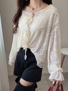FRIFUL 女式蕾丝连帽宽松上衣，秋季 - 米色 - 查看 6