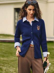 Briarwyn 女式字母图案长袖单排扣休闲针织开衫，秋装，返校服，复古风女装，女式教师装，羊毛开衫 - 藏蓝色 - 查看 7