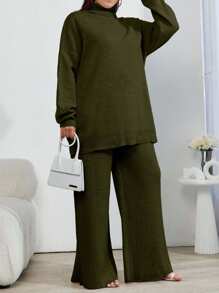 EURMUSE 2pcs High Neck Drop Shoulder Sweater And Ribbed Solid Color Sweater Pants - Army Green - View 5