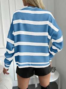 EURMUSE Women's Striped Loose Drop Shoulder Long Sleeve Casual Pullover Sweater,Jumper,Cream Jumper,Jumpers,Black Jumper,Women's Jumper,White Jumper,Women's Jumper,Women's Jumpers,Winter Clothes - Baby Blue - View 2