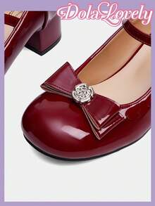 Dola Lovely 可爱优雅的蝴蝶结玛丽珍高跟鞋，适合春节、复活节的春季鞋子 - 酒紅色 - 查看 4