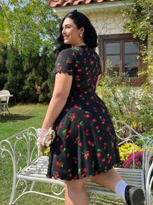 Solflare Plus Size Sleeveless Cherry Print A-Line Dress With Chest Ruching, Elastic Waist, For Spring/Summer,Beach Dress Sundress,Holiday Outfits Boho