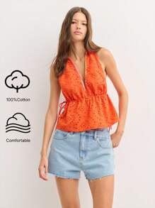 Nöista 镂空露背吊带上衣，饰有闪亮滚边和褶皱腰身，适合7月4日和温暖天气的派对 - 橘色 - 查看 1