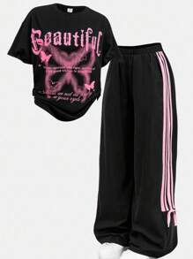 Girlism Teen Girls Streetwear T-Shirt And Sweatpants Co-Ord Set With Letter Print Style Y2k Outfits Y2k Tween Outfit Girl Outfit Set Butterfly Graphic Tee Outfit Black And Pink Outfit