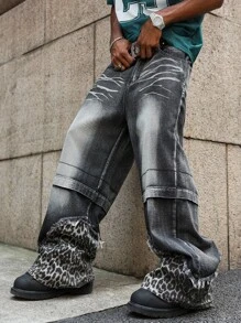 PAVTROS Quần jean denim đen họa tiết da báo vá víu thời trang xuân/hè cho nam, ống rộng rộng, gấu thô, họa tiết da báo, quần jean bụi bặm, phong cách Emo - màu đen - Xem 1