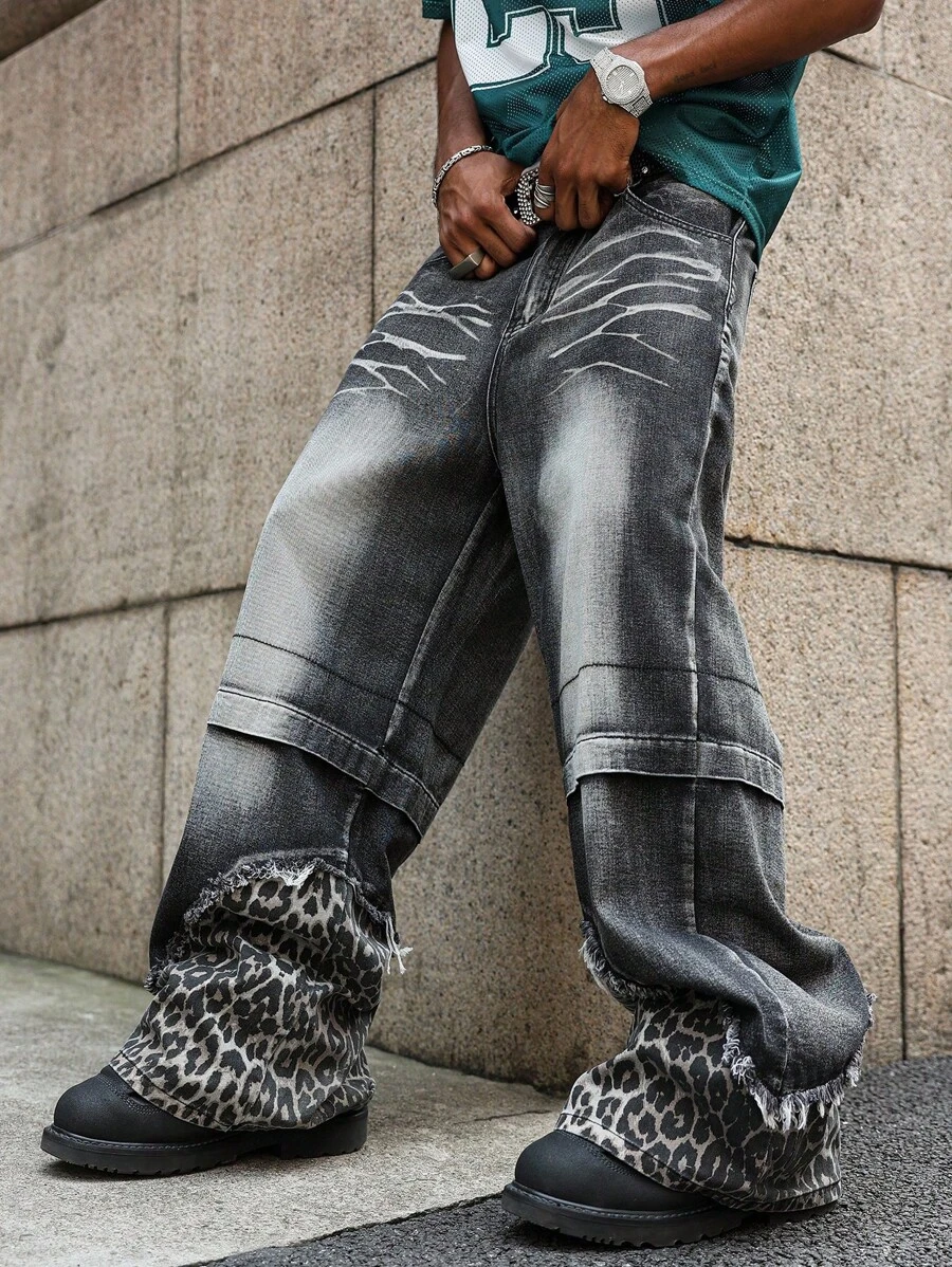 PAVTROS Quần jean denim đen họa tiết da báo vá víu thời trang xuân/hè cho nam, ống rộng rộng, gấu thô, họa tiết da báo, quần jean bụi bặm, phong cách Emo - màu đen - Xem 1