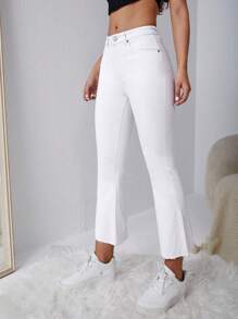 SHEIN EZwear Frayed Hem Flare Leg Jeans - White - View 4