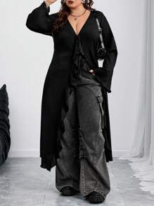 SHEIN CURVE+ Ropa de vuelta al colegio para mujer talla grande con cuello en V, manga acampanada y nudo delantero, suéter de punto negro, ropa de mujer talla grande, ropa de otoño para mujer, ropa de invierno para mujer con curvas